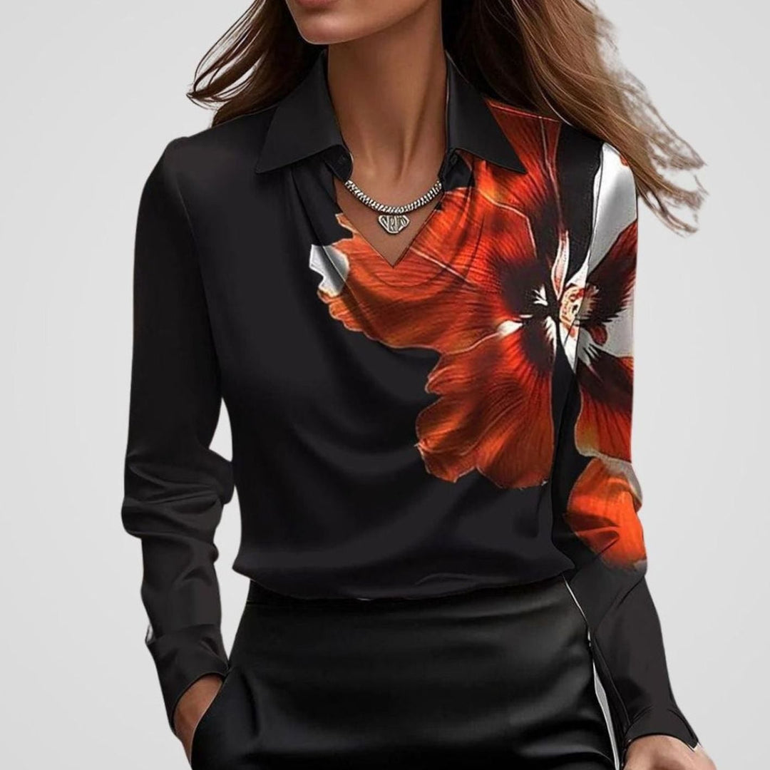 Luna | Women's Elegant Draped-Neck Long-Sleeve Satin Blouse