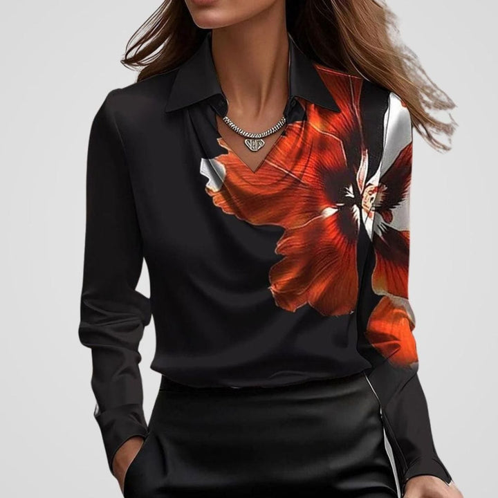 Luna | Women's Elegant Draped-Neck Long-Sleeve Satin Blouse