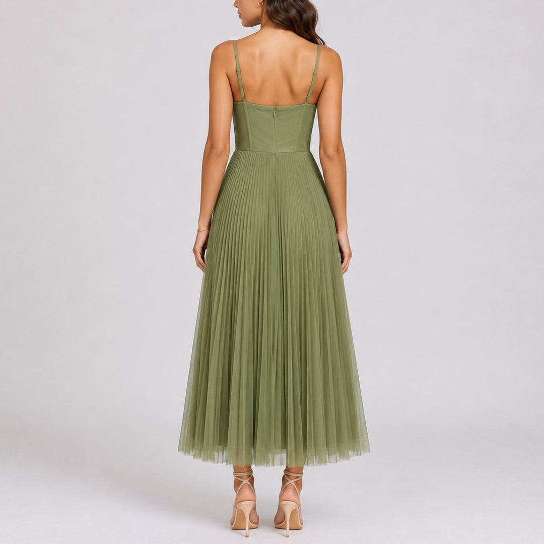 Penelope | Women's Fall Wedding Guest Pleated Tulle Midi Dress Bustier Bodice