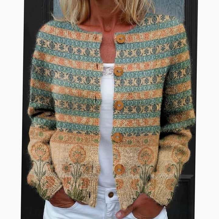 Evelyn | Women's Floral Button-Front Long-Sleeve Knit Cardigan