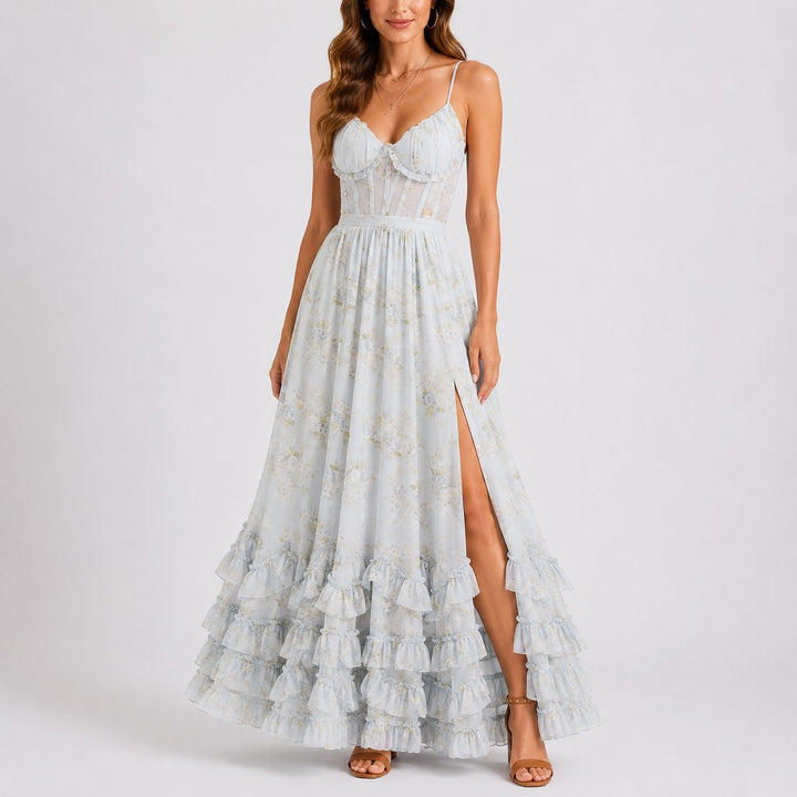 Madison | Women's Floral Corset Maxi Fall Wedding Guest Dress Ruffled