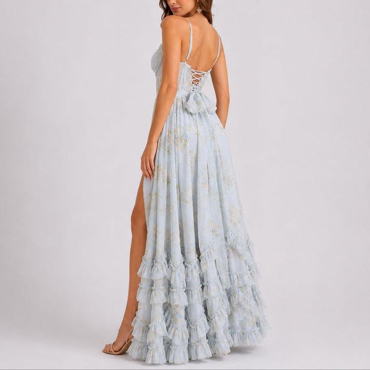 Madison | Women's Floral Corset Maxi Fall Wedding Guest Dress Ruffled