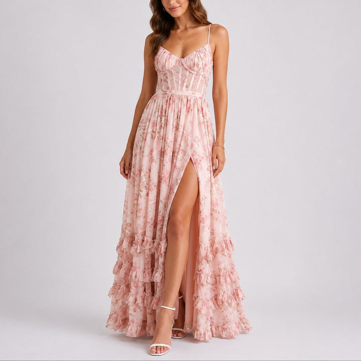 Madison | Women's Floral Corset Maxi Fall Wedding Guest Dress Ruffled