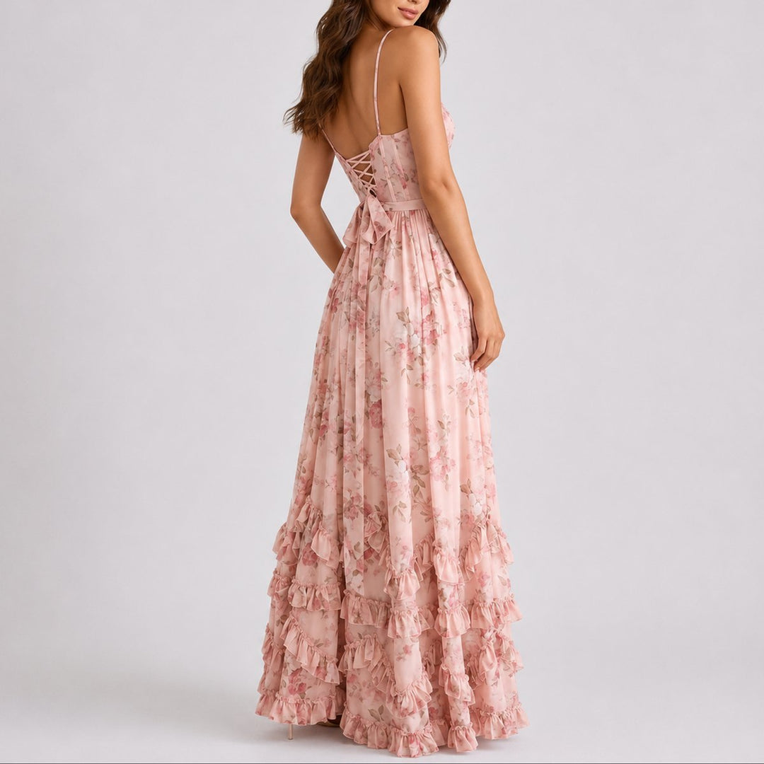 Madison | Women's Floral Corset Maxi Fall Wedding Guest Dress Ruffled