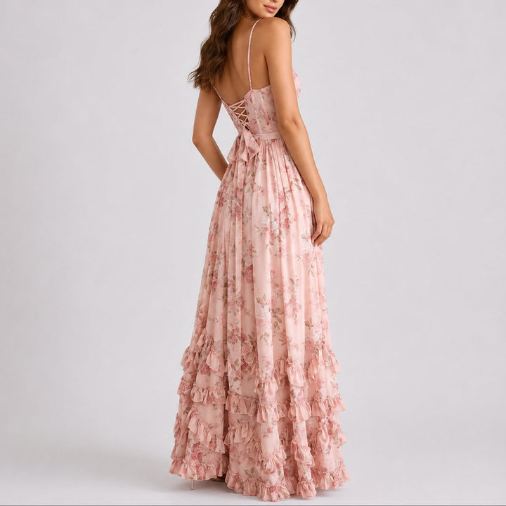 Madison | Women's Floral Corset Maxi Fall Wedding Guest Dress Ruffled