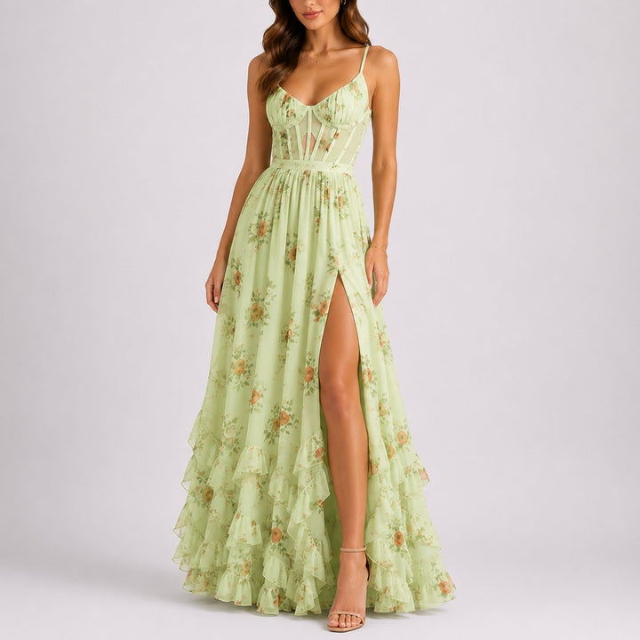 Madison | Women's Floral Corset Maxi Fall Wedding Guest Dress Ruffled