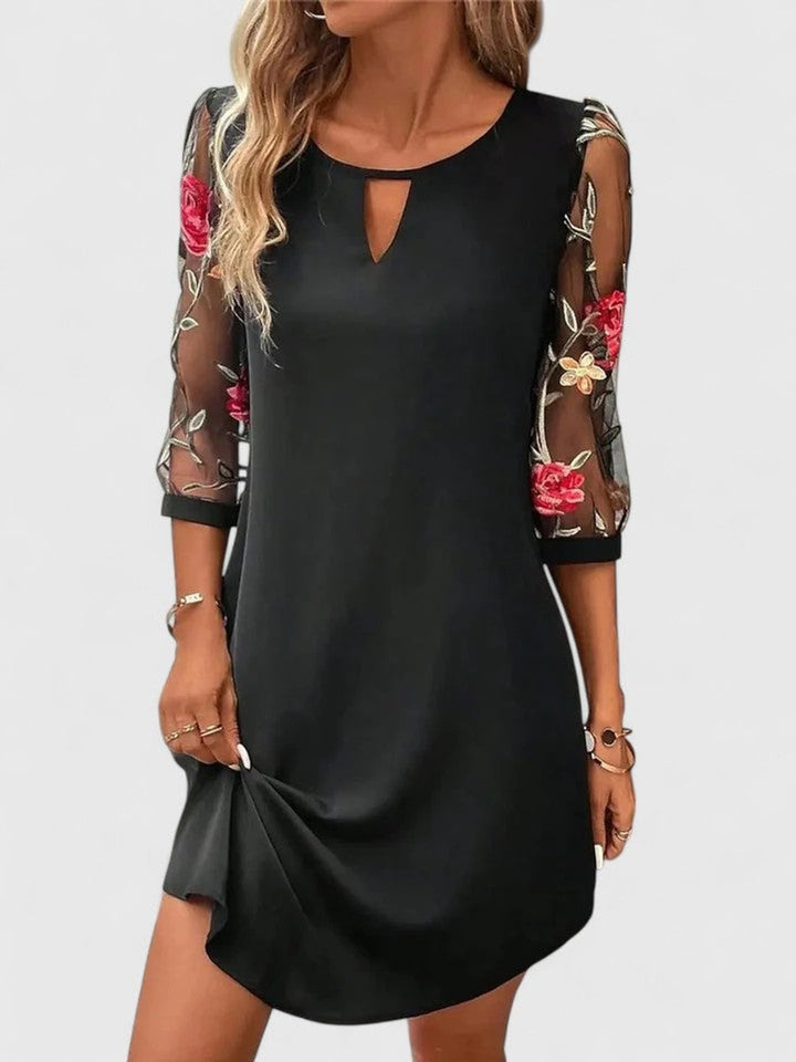 Isabella | Women's Floral Embroidered Mesh-Sleeve Keyhole Mini Dress