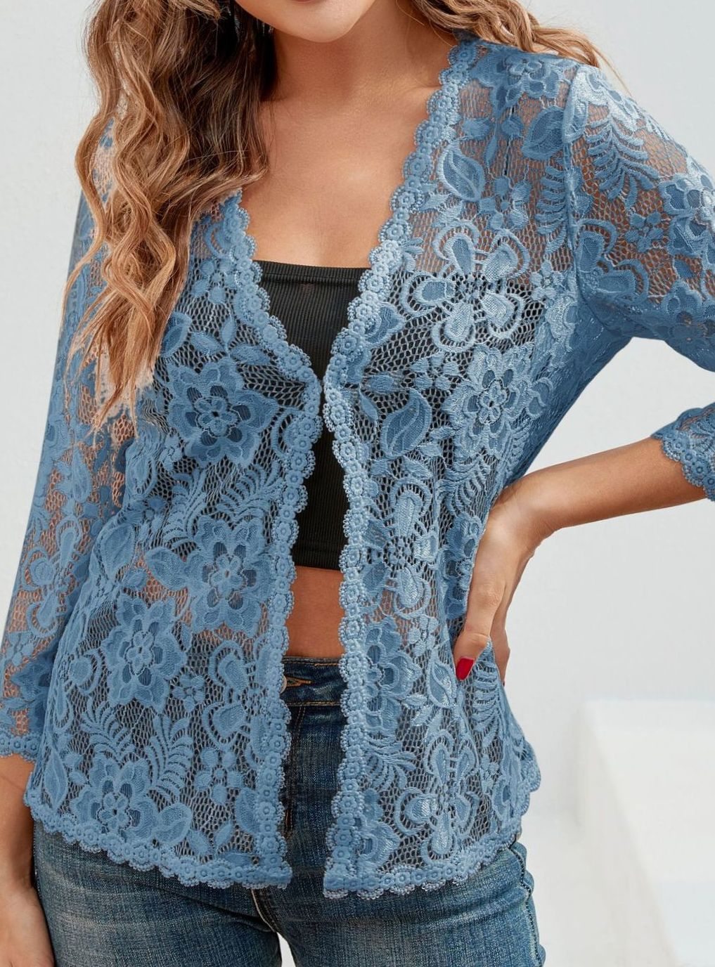 Scarlett | Women's Floral Lace Open-Front Three-Quarter Sleeve Cardigan