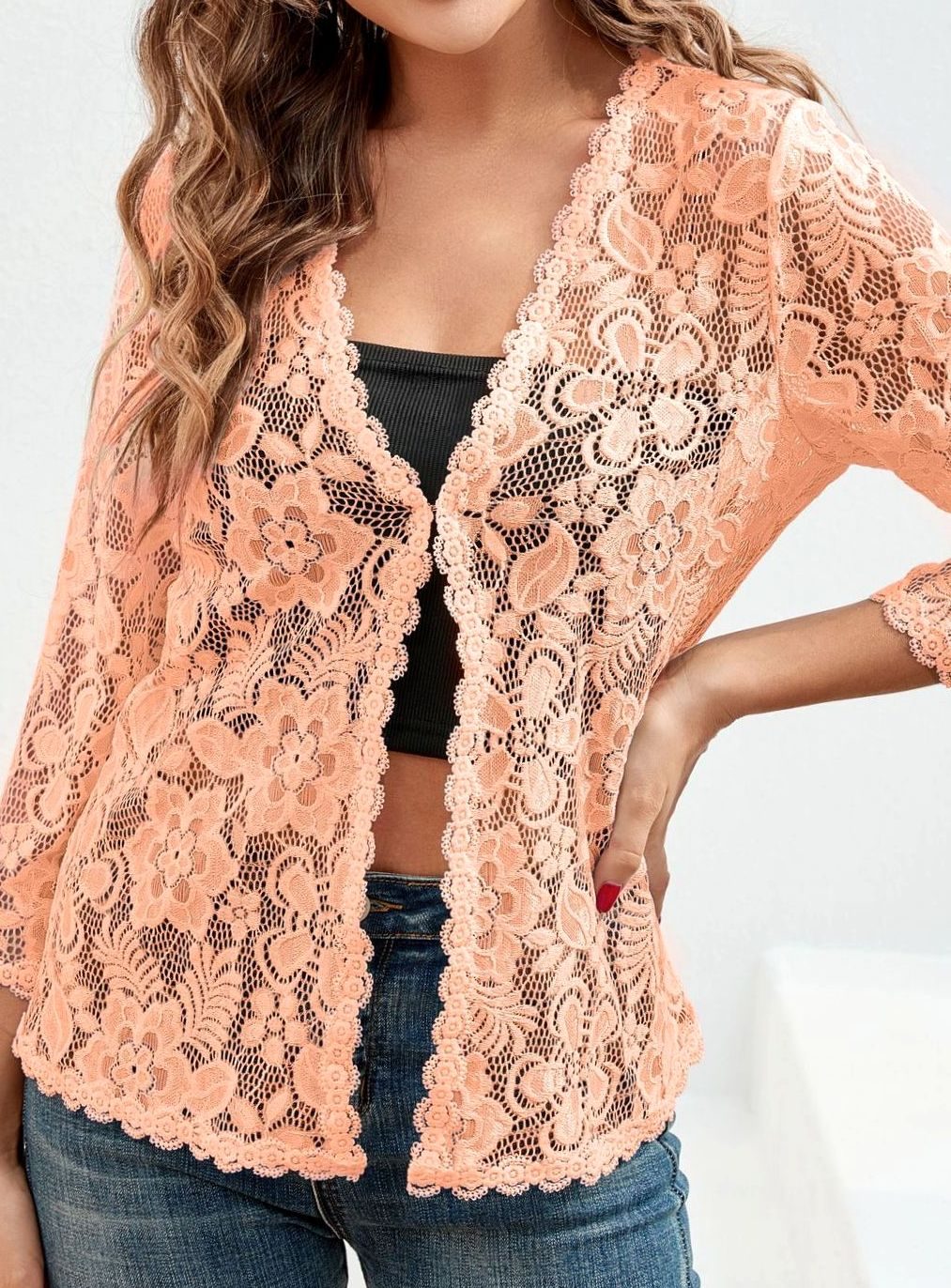 Scarlett | Women's Floral Lace Open-Front Three-Quarter Sleeve Cardigan