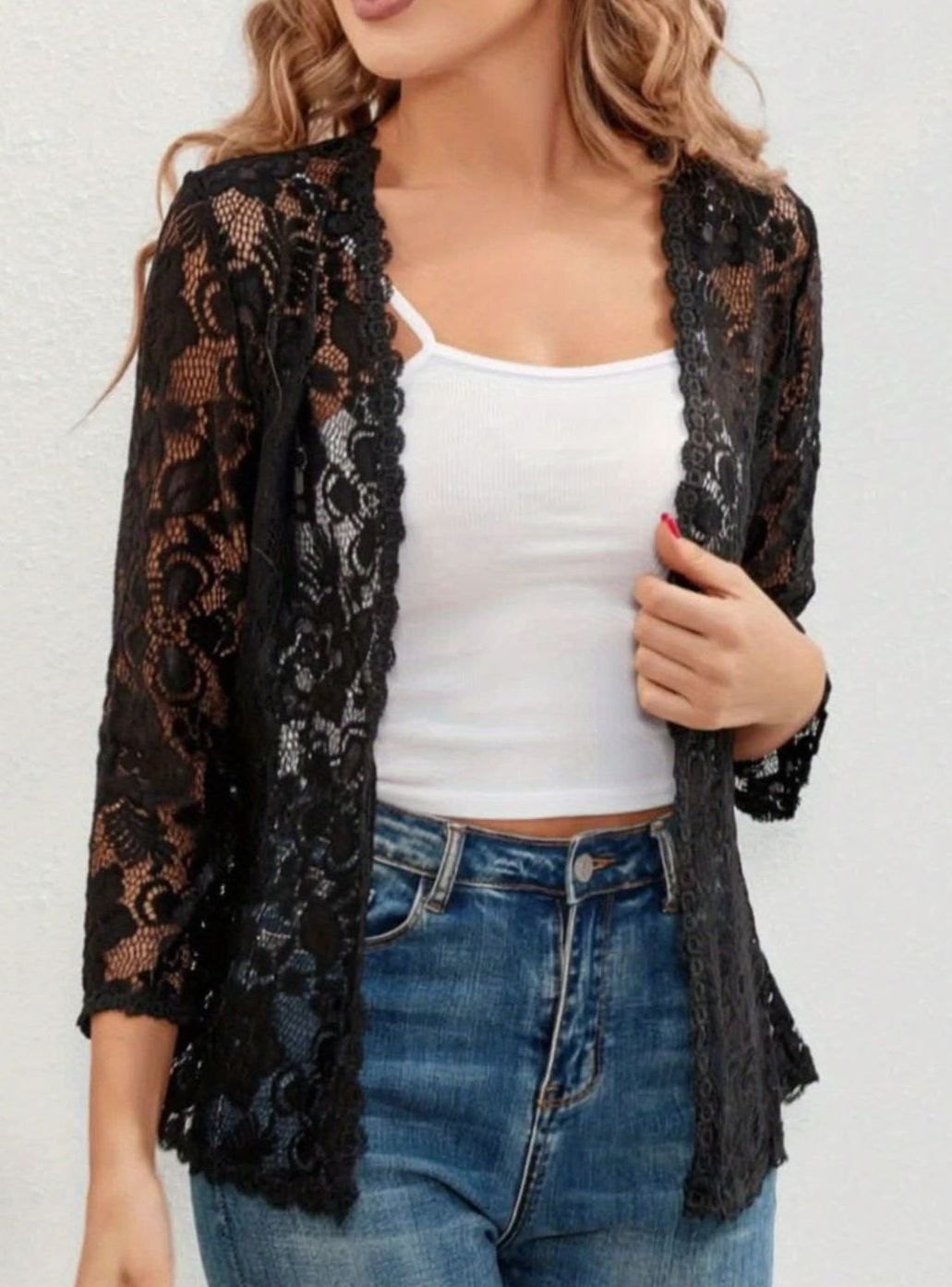 Scarlett | Women's Floral Lace Open-Front Three-Quarter Sleeve Cardigan