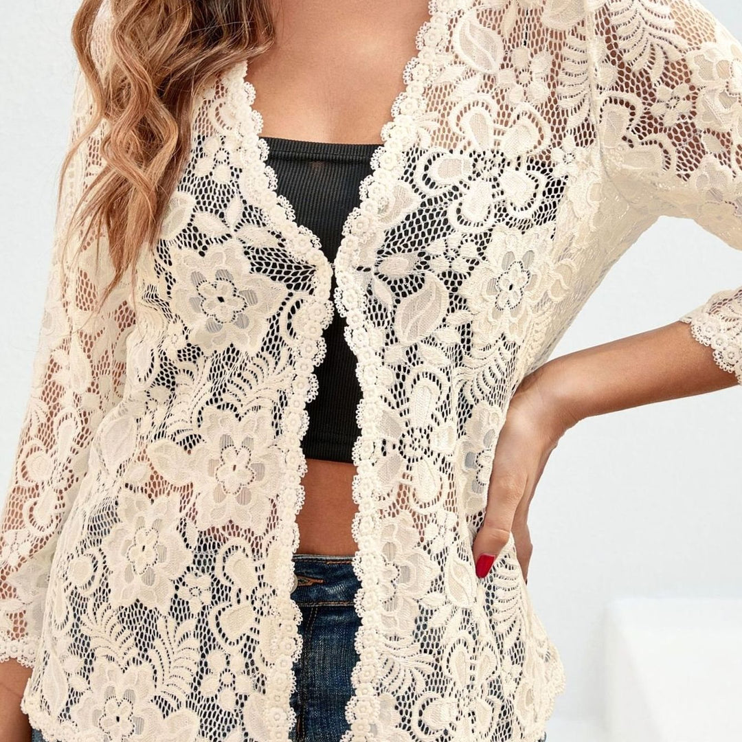 Scarlett | Women's Floral Lace Open-Front Three-Quarter Sleeve Cardigan