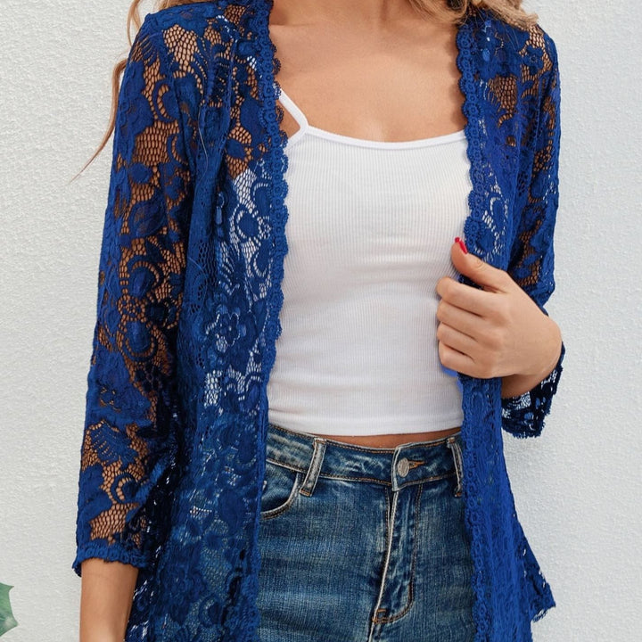 Scarlett | Women's Floral Lace Open-Front Three-Quarter Sleeve Cardigan
