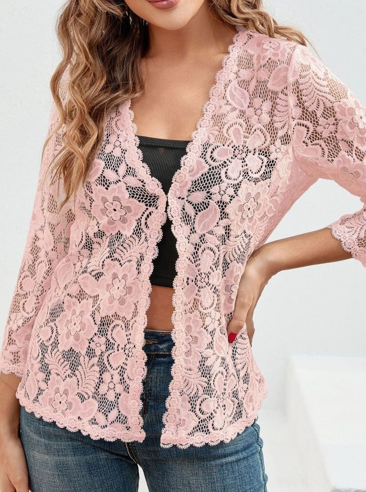 Scarlett | Women's Floral Lace Open-Front Three-Quarter Sleeve Cardigan
