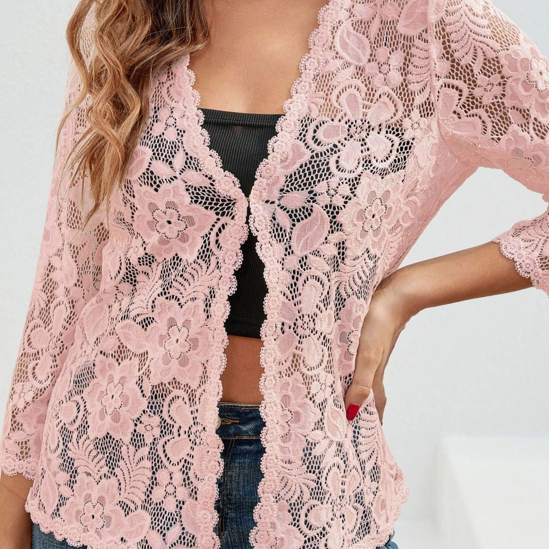 Scarlett | Women's Floral Lace Open-Front Three-Quarter Sleeve Cardigan