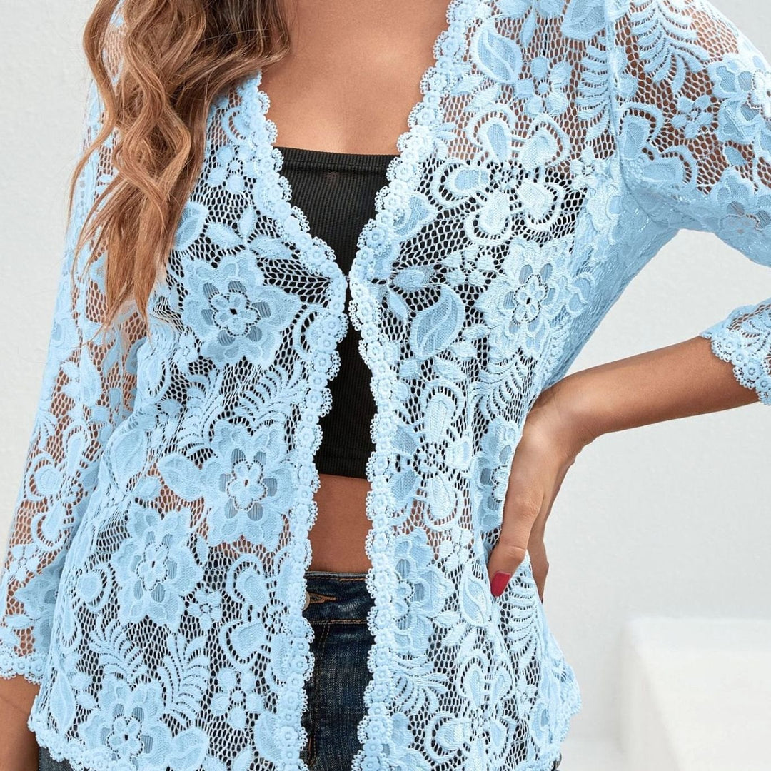 Scarlett | Women's Floral Lace Open-Front Three-Quarter Sleeve Cardigan