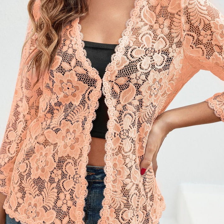 Scarlett | Women's Floral Lace Open-Front Three-Quarter Sleeve Cardigan