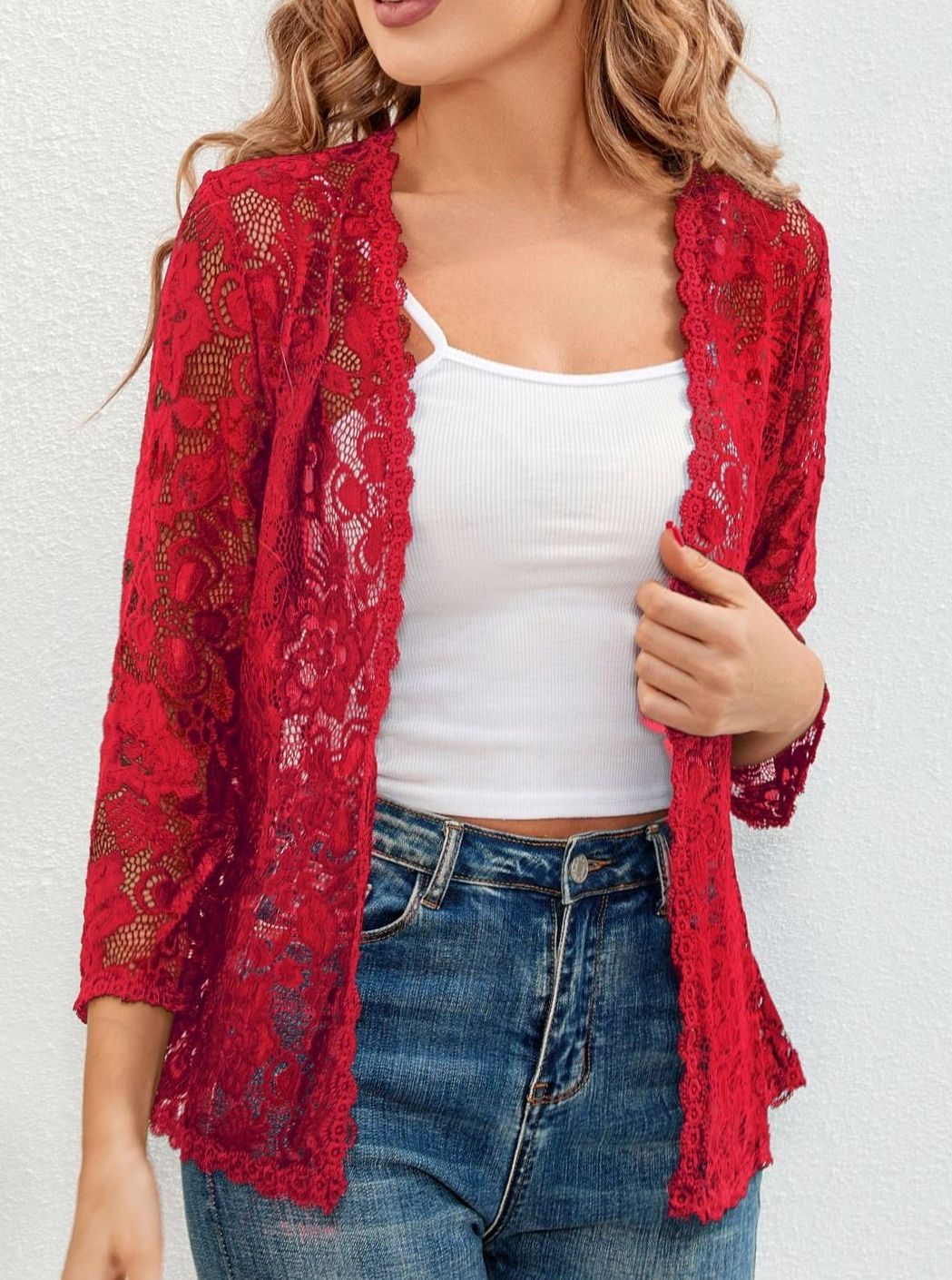 Scarlett | Women's Floral Lace Open-Front Three-Quarter Sleeve Cardigan