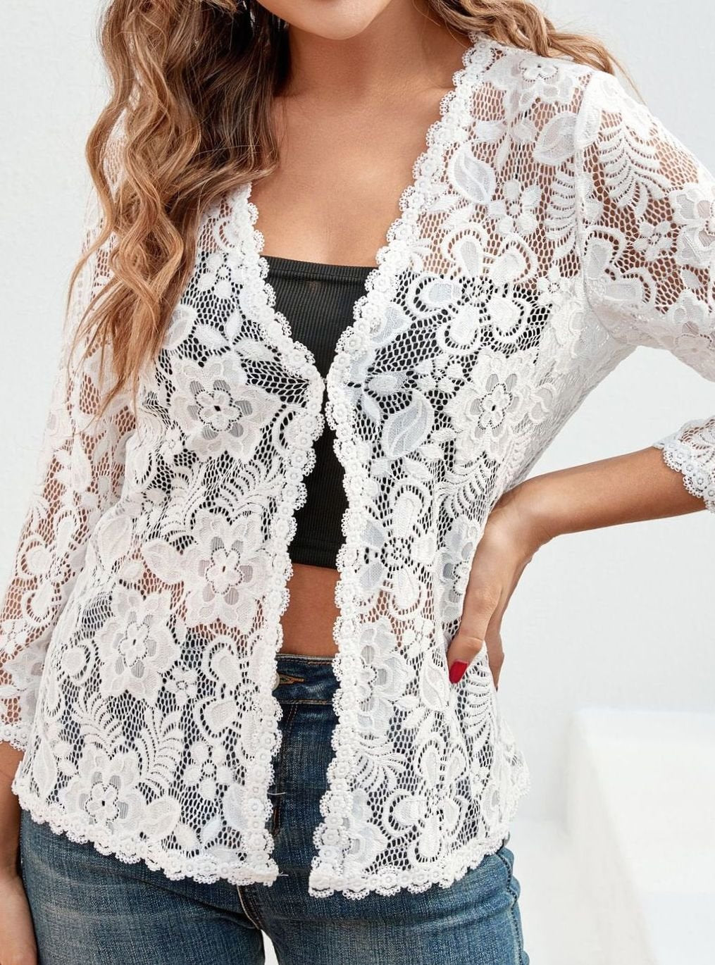 Scarlett | Women's Floral Lace Open-Front Three-Quarter Sleeve Cardigan
