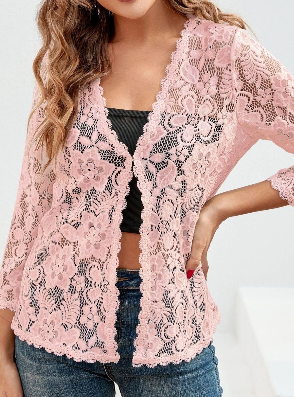 Scarlett | Women's Floral Lace Open-Front Three-Quarter Sleeve Cardigan