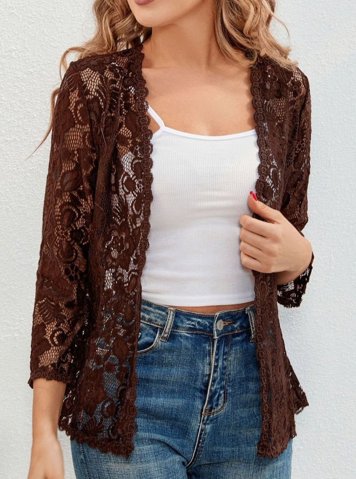 Scarlett | Women's Floral Lace Open-Front Three-Quarter Sleeve Cardigan
