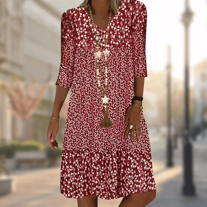 Luna | Women's Floral Print V-Neck 3/4 Sleeve Midi Swing Dress