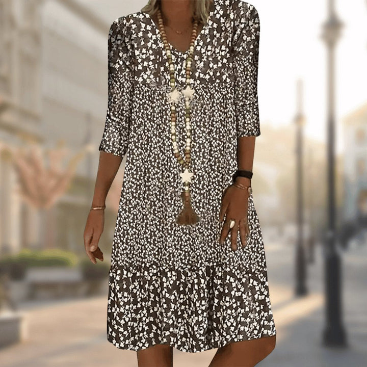Luna | Women's Floral Print V-Neck 3/4 Sleeve Midi Swing Dress