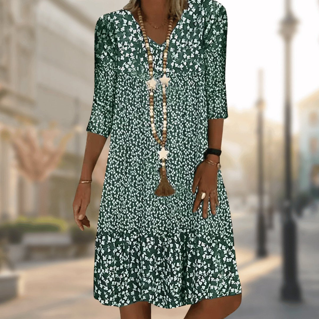 Luna | Women's Floral Print V-Neck 3/4 Sleeve Midi Swing Dress