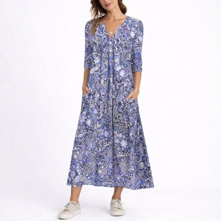 Luna | Women's Floral Print V-Neck Midi Fall Wedding Guest Dress
