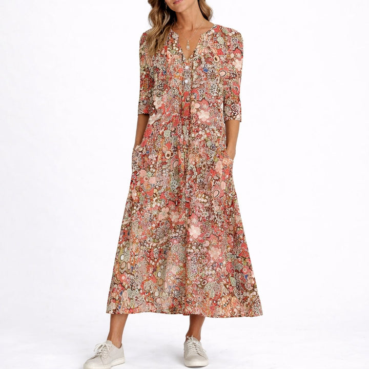 Luna | Women's Floral Print V-Neck Midi Fall Wedding Guest Dress