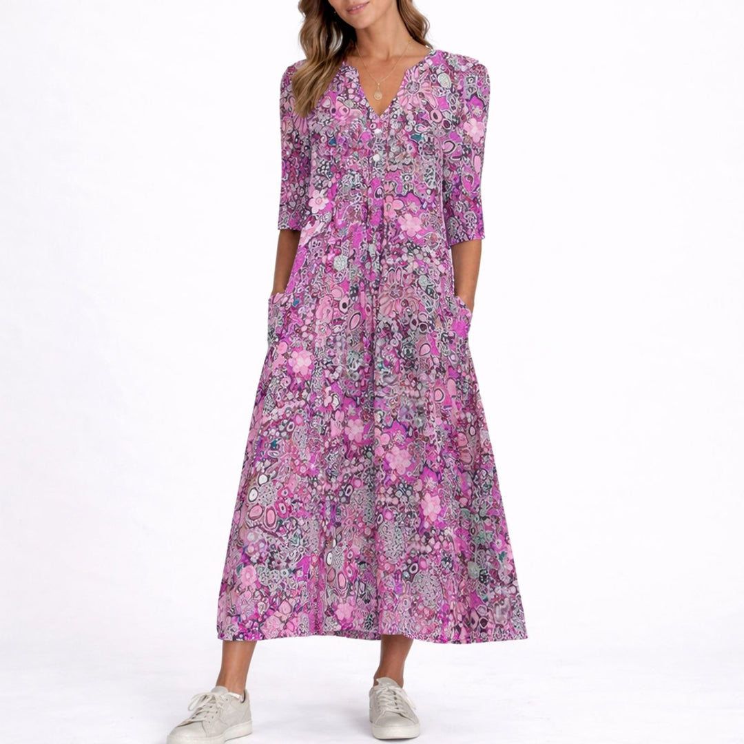 Luna | Women's Floral Print V-Neck Midi Fall Wedding Guest Dress