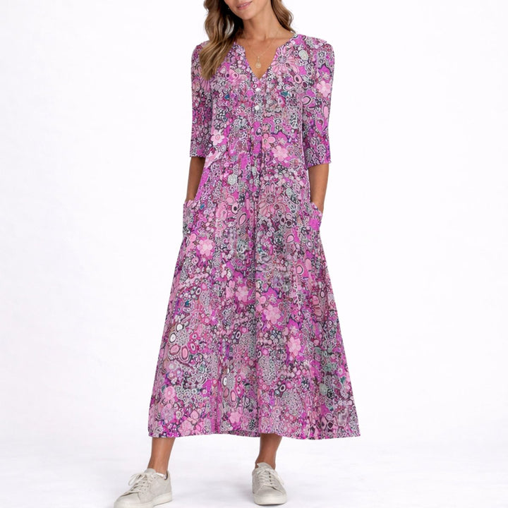 Luna | Women's Floral Print V-Neck Midi Fall Wedding Guest Dress
