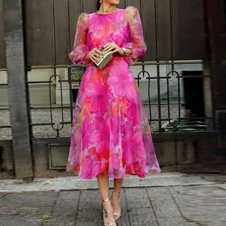 Mia | Women's Floral Sheer Long-Sleeve Midi Wedding Guest Dress