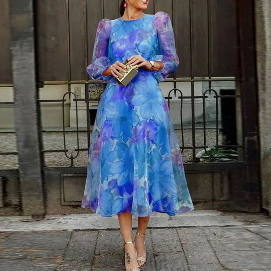 Mia | Women's Floral Sheer Long-Sleeve Midi Wedding Guest Dress
