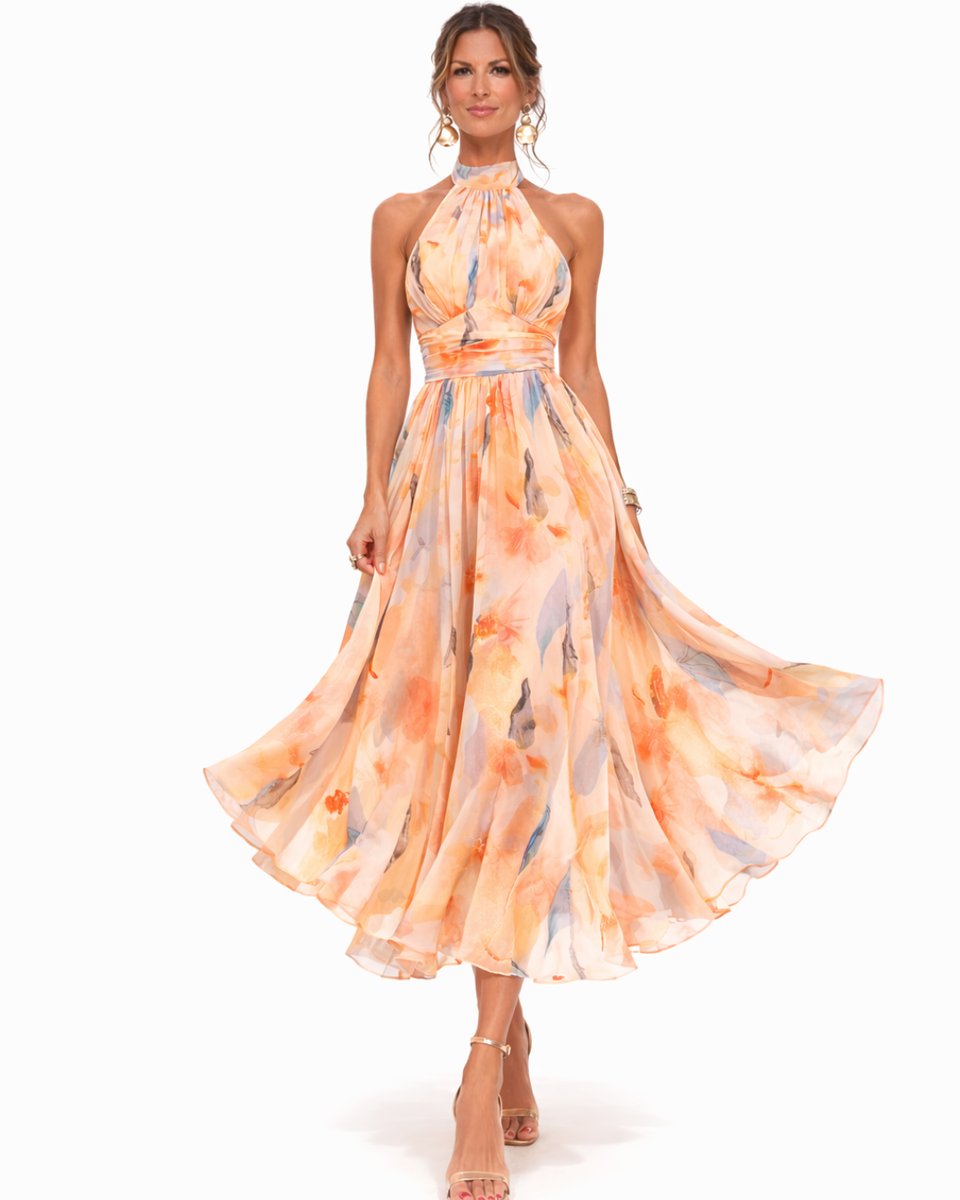 Charlotte | Women's Floral Watercolor Halter Neck Chiffon Midi Dress