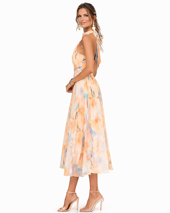 Charlotte | Women's Floral Watercolor Halter Neck Chiffon Midi Dress