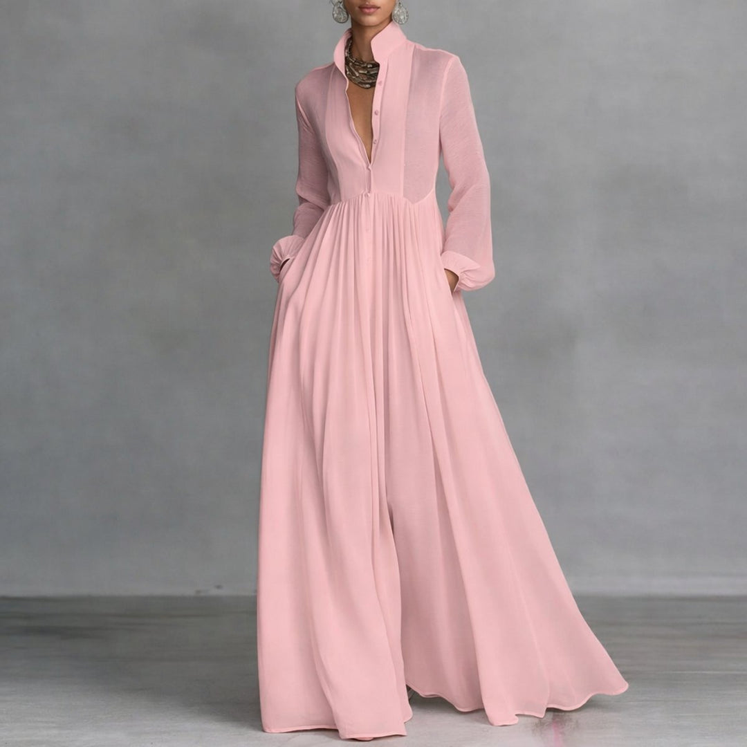 Aria | Women's Flowy Button-Front Maxi Long Sleeve Dress