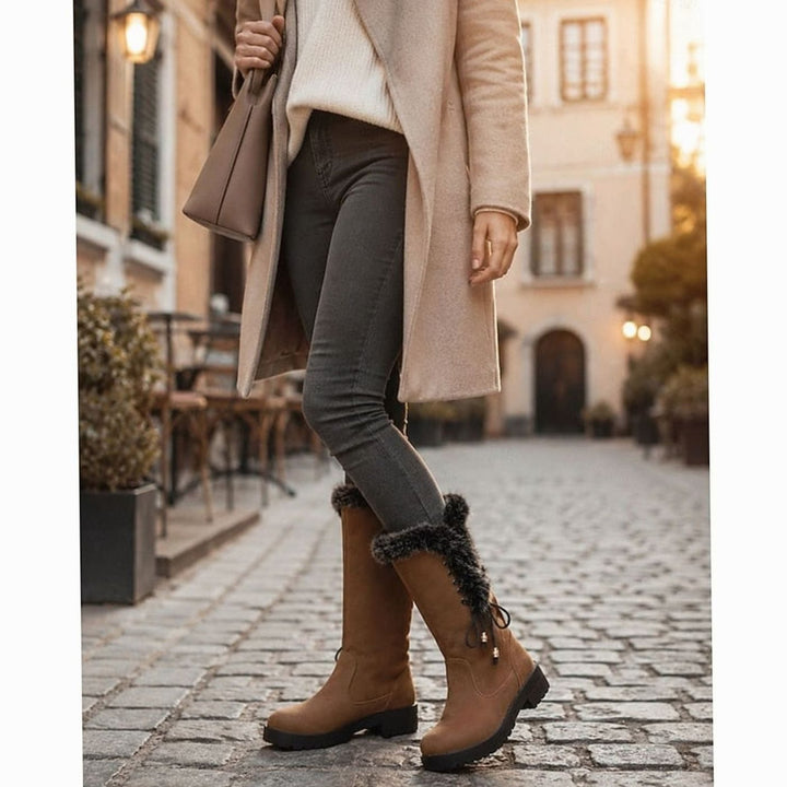 Emma | Women's Fur-Trimmed Knee-High Snow Boots Low Block Heel