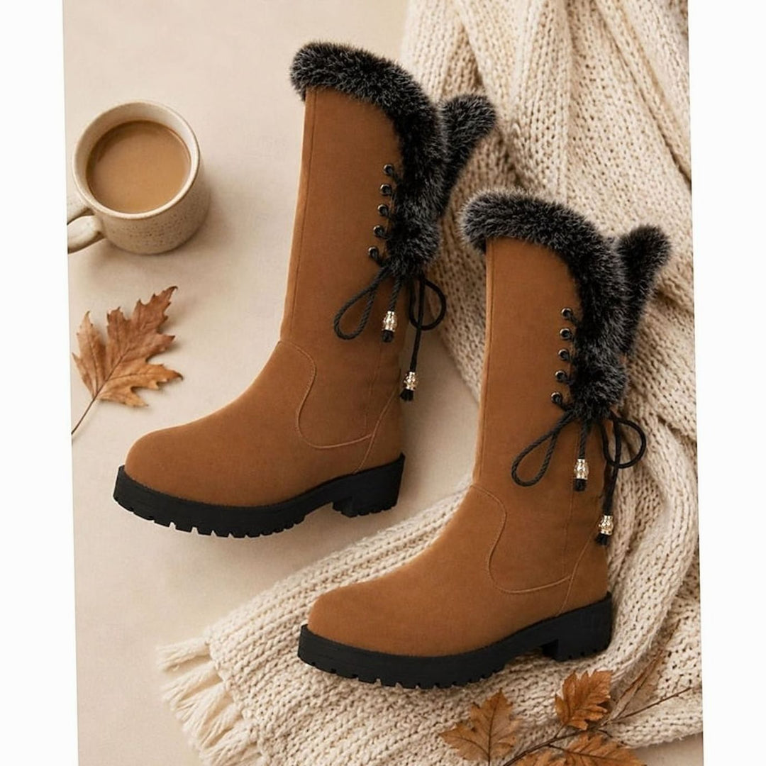Emma | Women's Fur-Trimmed Knee-High Snow Boots Low Block Heel
