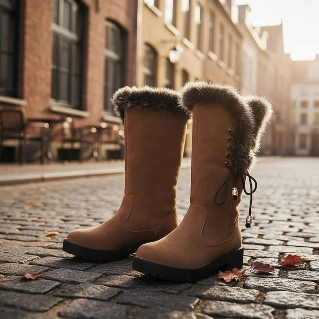 Emma | Women's Fur-Trimmed Knee-High Snow Boots Low Block Heel