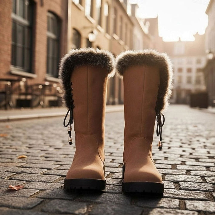 Emma | Women's Fur-Trimmed Knee-High Snow Boots Low Block Heel