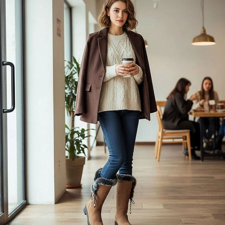 Emma | Women's Fur-Trimmed Knee-High Snow Boots Low Block Heel