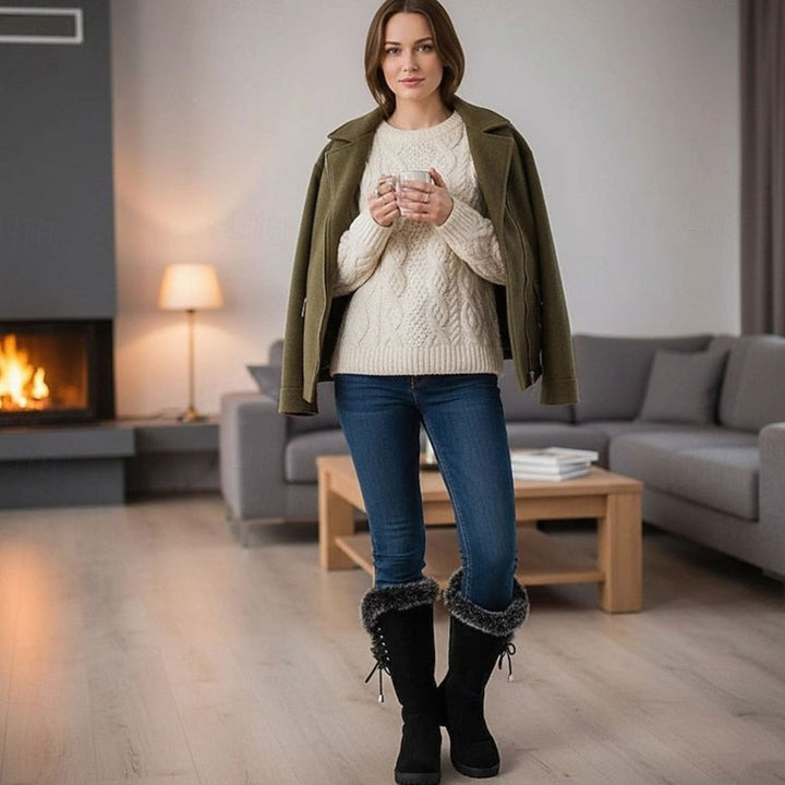 Emma | Women's Fur-Trimmed Knee-High Snow Boots Low Block Heel