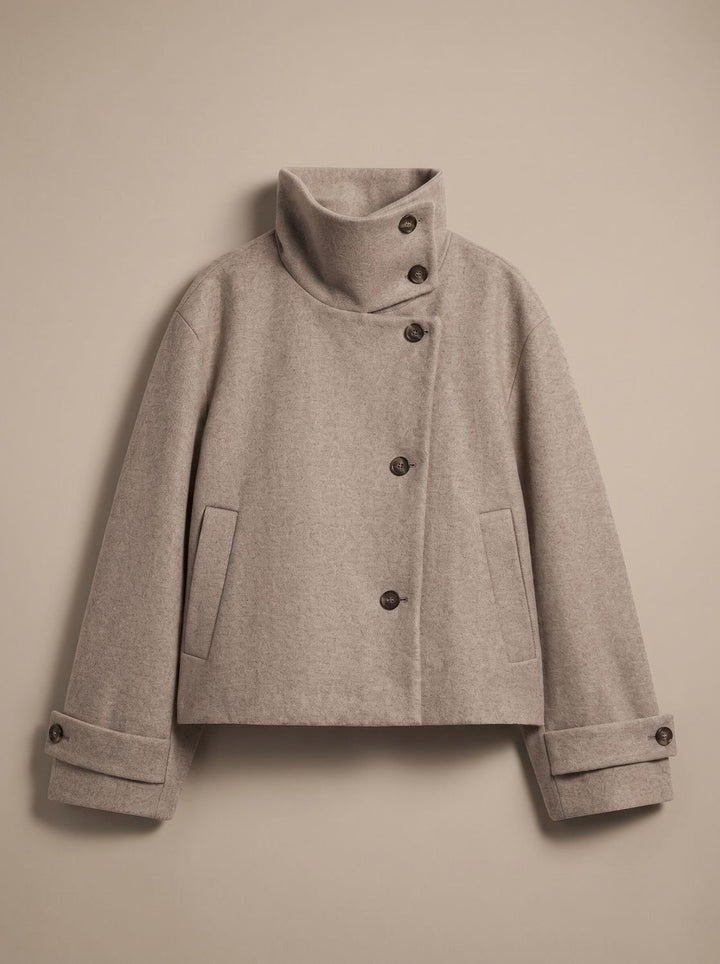 Victoria | Women's High Neck Wool Blend Stand Collar Button-Front Short Coat