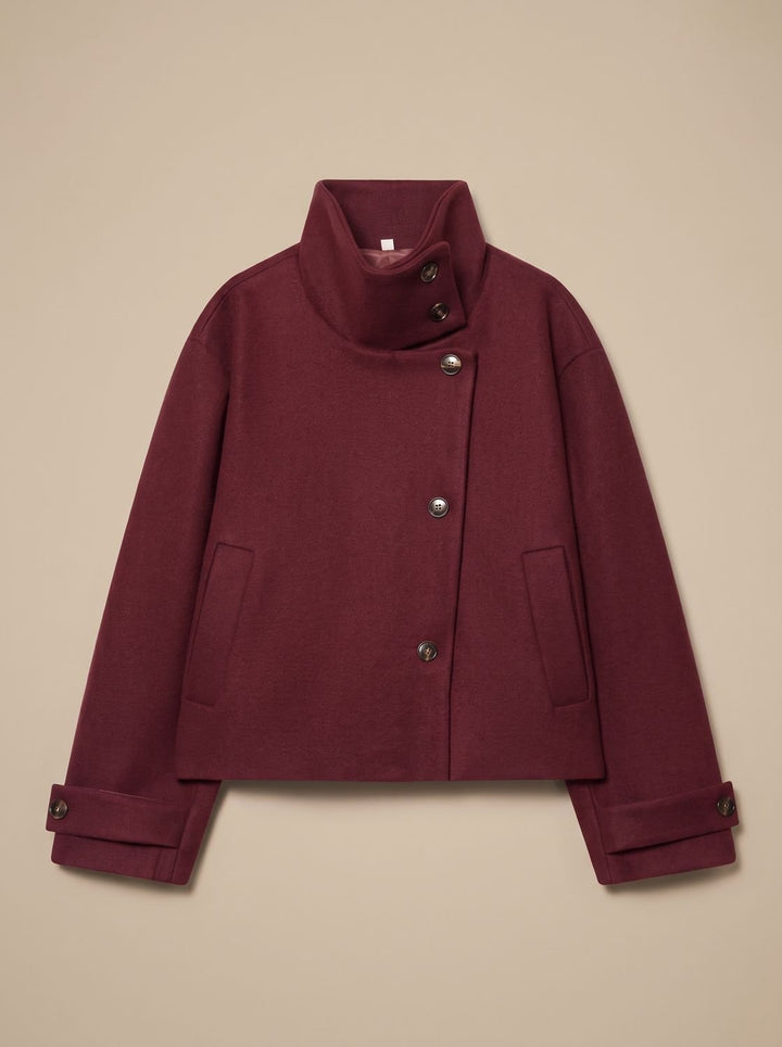 Victoria | Women's High Neck Wool Blend Stand Collar Button-Front Short Coat