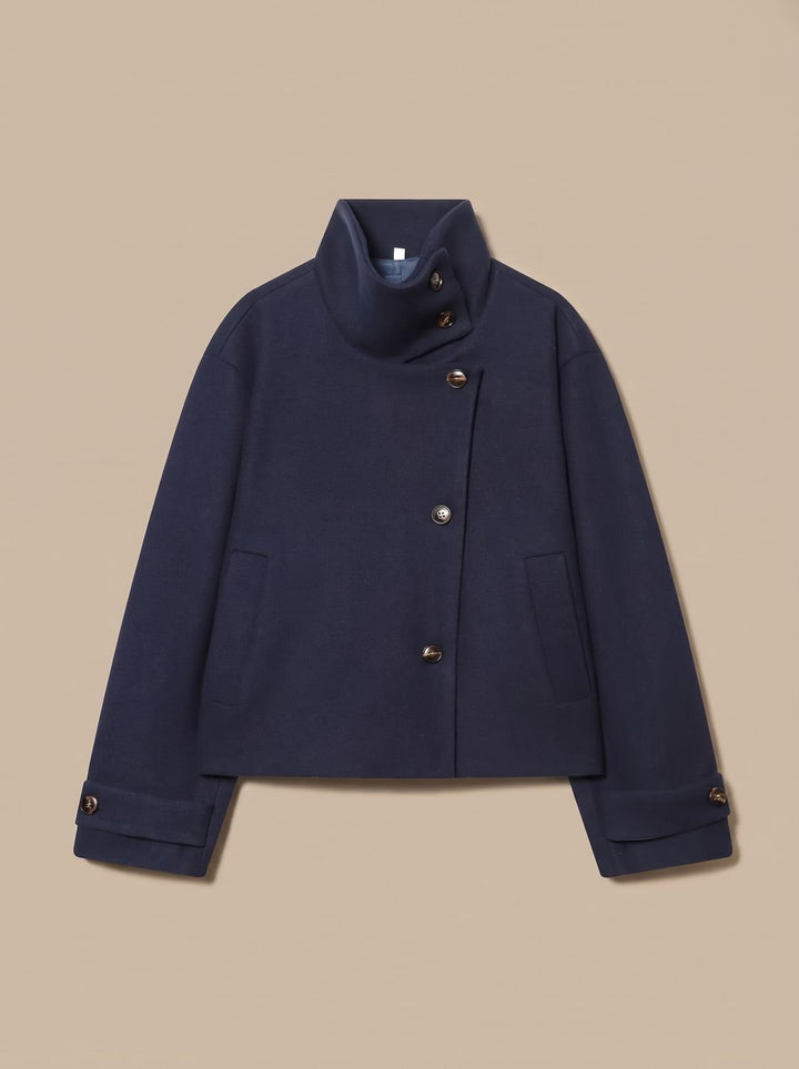 Victoria | Women's High Neck Wool Blend Stand Collar Button-Front Short Coat