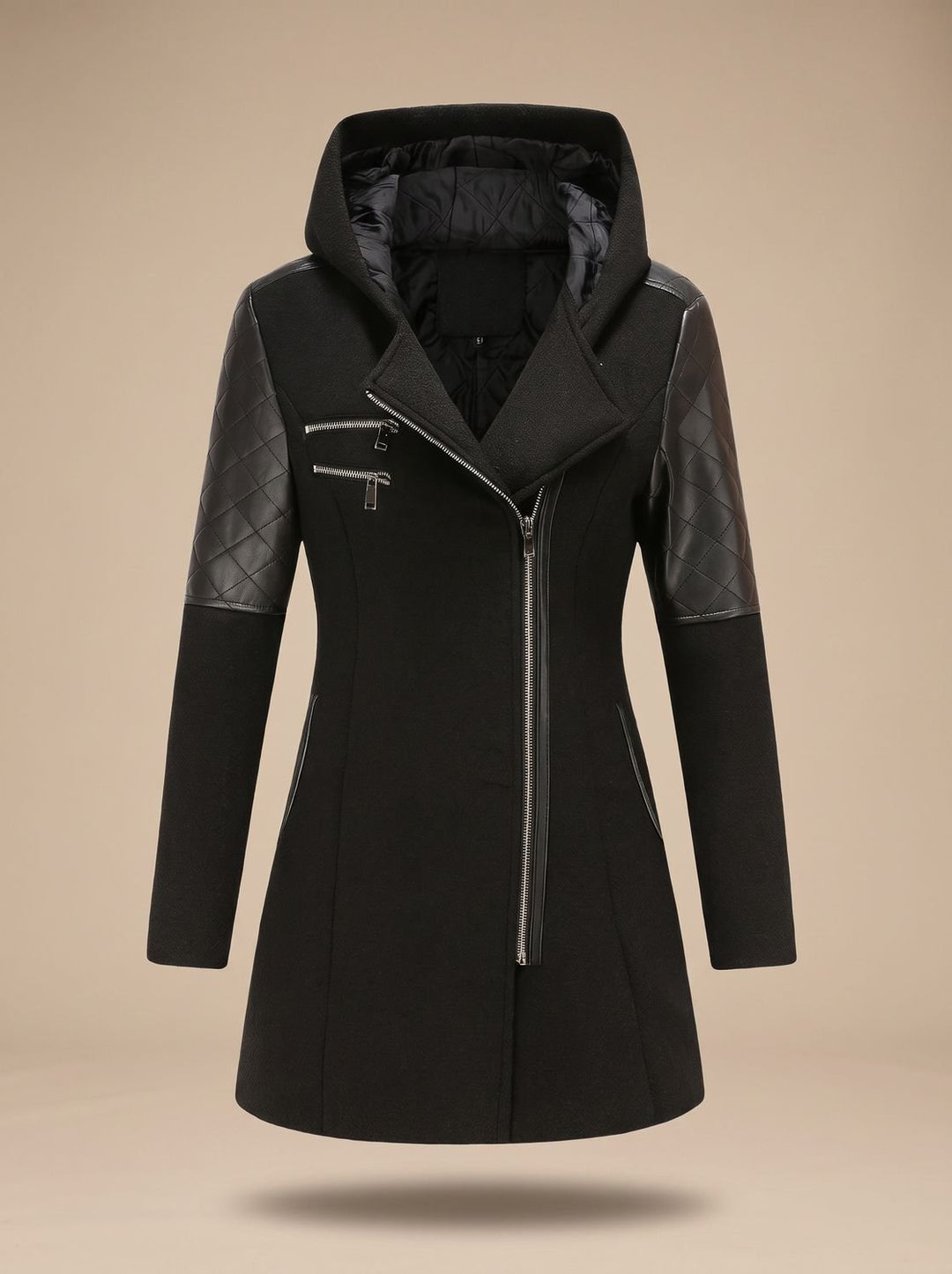 Luna | Women's Hooded Asymmetric-Zip Quilted-Panel Wool-Blend Coat