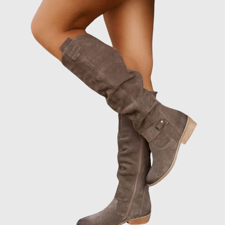 Isabella | Women's Knee-High Suede Zipper Boots Low Block Heel