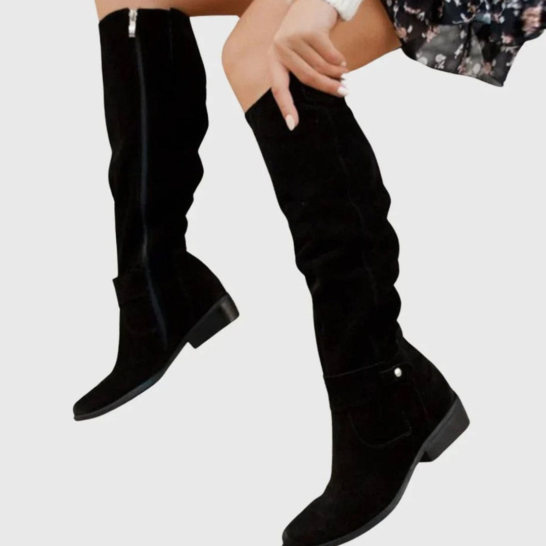 Isabella | Women's Knee-High Suede Zipper Boots Low Block Heel