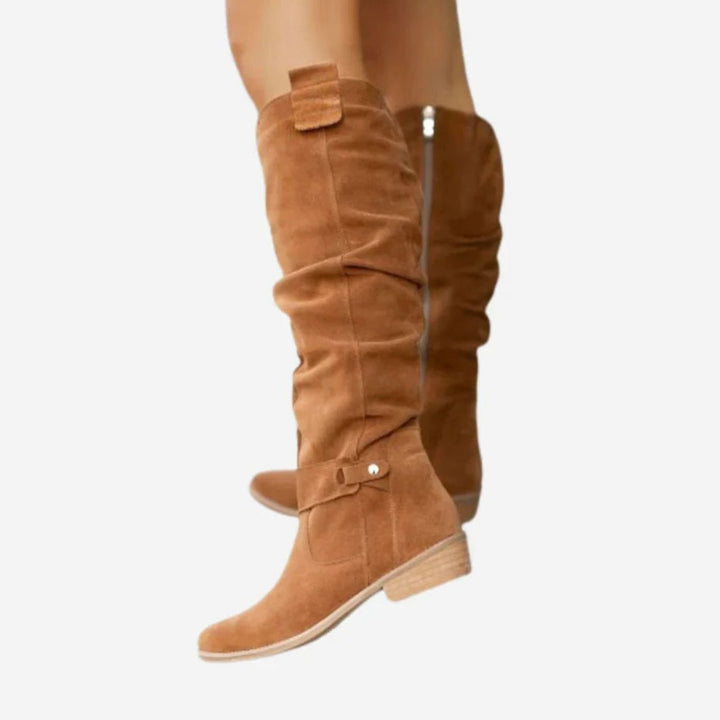 Isabella | Women's Knee-High Suede Zipper Boots Low Block Heel