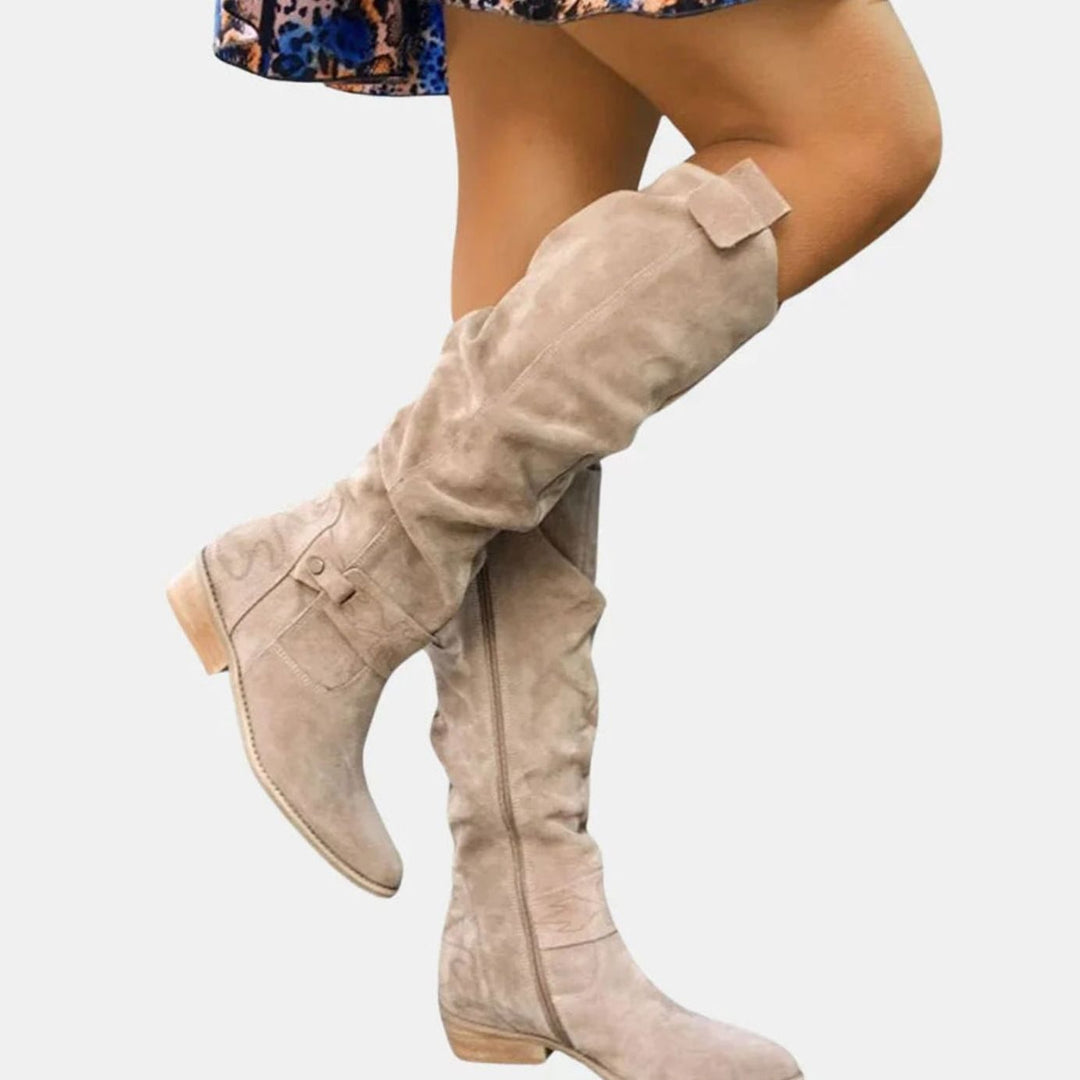 Isabella | Women's Knee-High Suede Zipper Boots Low Block Heel